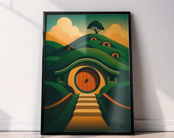 Póster de El Señor de los Anillos - Impresión de viaje a Hobbiton, estilo art déco / Descarga digital