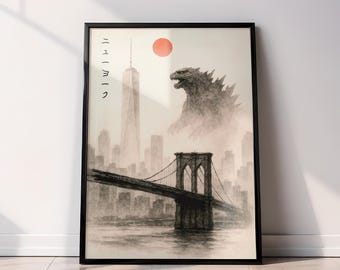 Póster de Nueva York con Godzilla / Arte japonés con tinta sumi-e / NYC / Póster imprimible de la ciudad