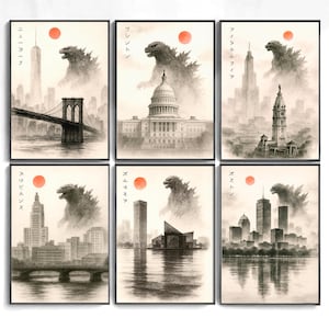 May include: Six framed art prints featuring a Godzilla-like monster looming over iconic U.S. cityscapes. Each print has a red sun and Japanese text. Cities include New York, Washington D.C., Philadelphia, Providence, Portland, and Boston. The artwork is in grayscale.