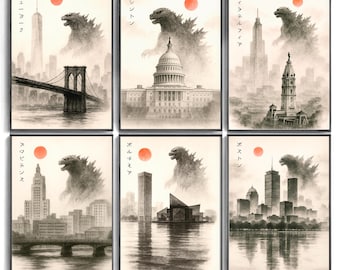 Póster de Godzilla / Arte mural Kaiju / Póster de Godzilla Arte japonés / Tinta sumi-e / Impresión vintage de ciencia ficción