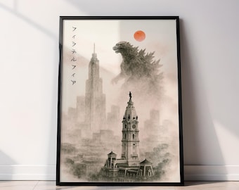 Póster de Filadelfia con Godzilla / Arte en tinta sumi-e del Ayuntamiento / Arte mural imprimible de Filadelfia