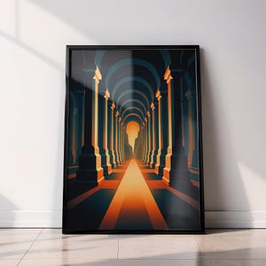 May include: Framed art print featuring a stylized illustration of a long corridor with arched ceilings and columns. The artwork uses a palette of teal, orange, and black, creating a sense of depth and perspective. The print is in a black frame.