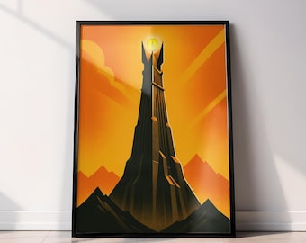 Póster de Barad-dûr / Lámina de la Torre de Mordor / Póster Art Déco de El Señor de los Anillos, Arte de pared de ESDLA, Lámina de viaje de fantasía oscura, Descarga digital
