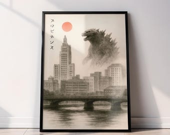 Póster de Providence con Godzilla / Skyline Arte japonés de tinta sumi-e / Arte mural de Godzilla