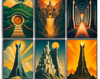 Póster de El Señor de los Anillos: impresiones de viaje art déco / Isengard, Torre de Mordor, Minas Tirith, Hobbiton, Rivendel, Moria / Descarga digital