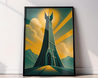 Póster de Tolkien – Lámina de viaje a Isengard, Torre Orthanc Art Déco / Descarga digital