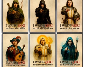 Póster de DnD (6 unidades): Bardo, Explorador, Pícaro, Clérigo, Mago y Paladín. Arte de reclutamiento de fantasía vintage. Arte mural de DnD.