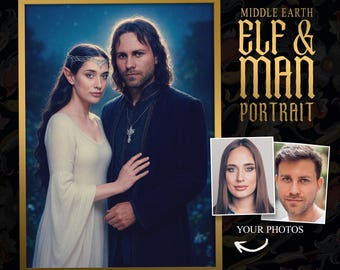 Retrato de pareja de elfos y humanos a partir de una foto / Póster personalizado de Arwen y Aragorn de la Tierra Media / Descarga digital / Regalo de aniversario / Arte de fan de ESDLA