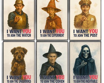 Set de 6 pósteres de Mundodisco / Descarga digital de Terry Pratchett / Vimes, Moist, Muerte, Rincewind, Abuela Weatherwax, Gaspode