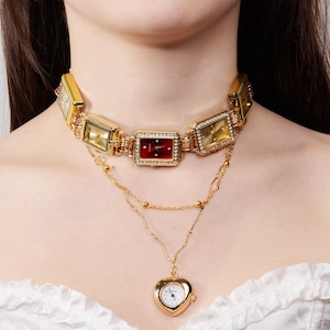 Vintage Gold 5 Watch Necklace with Multi-Color Square Choker & Heart Pendant, Steampunk Inspired Layered Statement Jewelry, Unique Gift