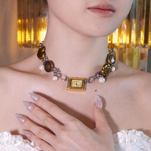 Handmade Gold Watch Choker, Punk Pearl Charm Necklace, Vintage Floral Steampunk Jewelry, Retro Watch Choker, Steampunk Clock Jewelry
