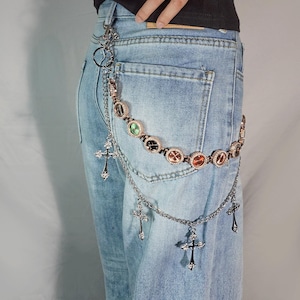 Alt Steampunk Watch Pants Chain, Rose Gold Clock Chain with Cross Charms, Gothic Belt Accessory for Jeans, Y2K Style Statement Bag Accessory