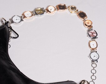 Punk Style Watch Face Bag Strap, Mixed Vintage Timepiece Chain Handle for Handbags, Edgy Gothic Purse Accessory with Metal Links, Y2K Gift