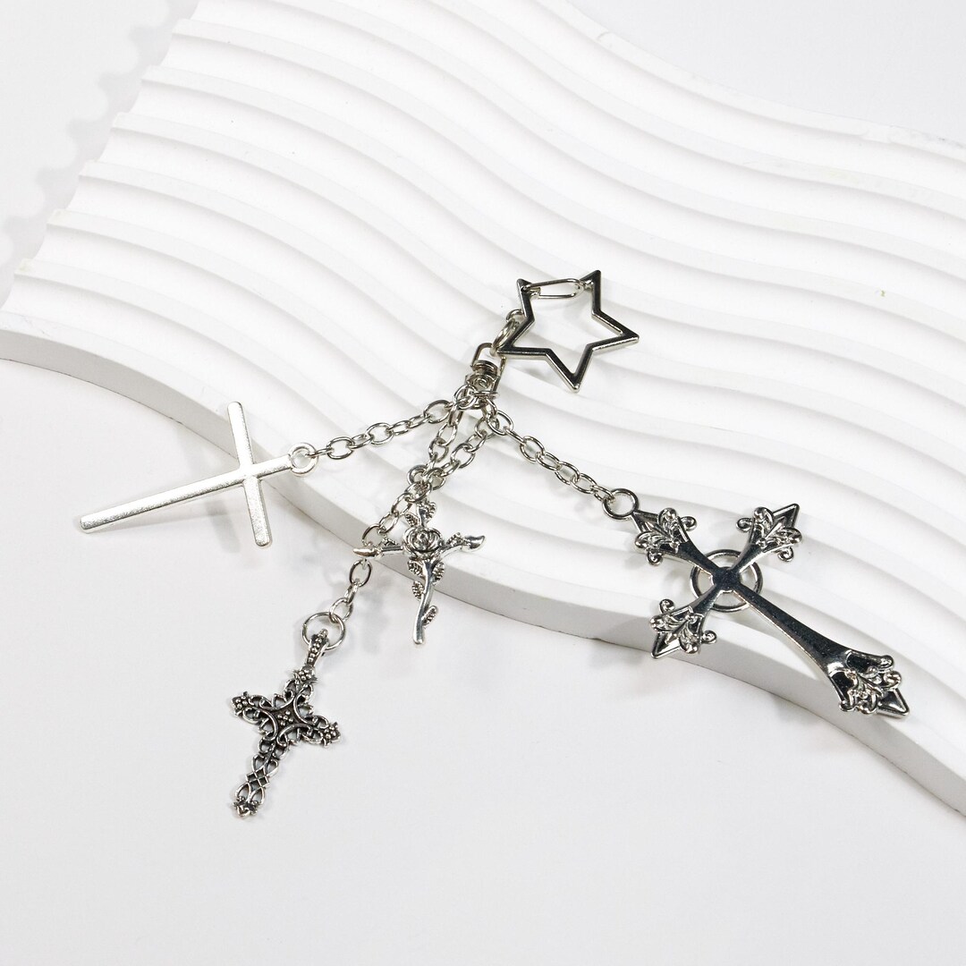 Steampunk Gothic Cross Keychain, Star Clip Charm With Silver Crosses ...