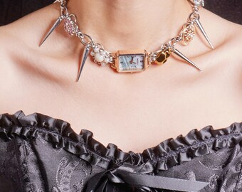 Watch Choker Necklace, Steampunk Timekeeper Collar, Vintage Gemstone Charm Pendant, Adjustable Layered Chain, Unique Statement Jewelry