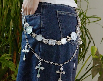 Punk Silber Uhr Hosen Kette, Kantige Taillenkette mit Kreuz Anhänger, Grunge Gothic Gürtel für Streetwear Stil, Statement Punk Uhrenkette