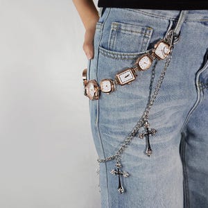 Vintage Steampunk Watch Pants Chain, Alt Punk Y2K Belt Chain for Jeans, White Clock Links with Gothic Cross Charms, Gothic Timepiece Gift