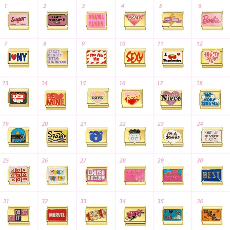 May include: A selection of gold-coloured charm pendants, each with a unique design and text such as "Sugar," "Barbie," and "I Love Strawberries." The charms have colourful enamel details and are displayed against a pink backdrop.