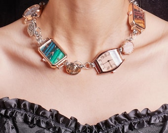Handmade Steampunk Watch Necklace, Vintage Timepiece Charms with Colorful Gemstones, Unique Statement Piece, Elegant Y2K Choker