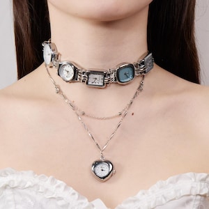 Vintage Silver 5-Watch Choker Necklace with Heart Pendant, Multi-Layer Clock Jewelry, Y2K Gothic Steampunk Statement Accessory, Edgy Gifts