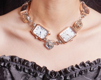 Four Watch Choker | Vintage Gemstone Pendant | Adjustable Clock Necklace | Steampunk Jewelry | Unique Statement Piece