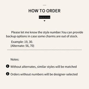 May include: A cream-coloured graphic with the text "HOW TO ORDER" at the top. Instructions include providing style numbers and backup options. Examples are given, along with notes about matching styles and designer selection.