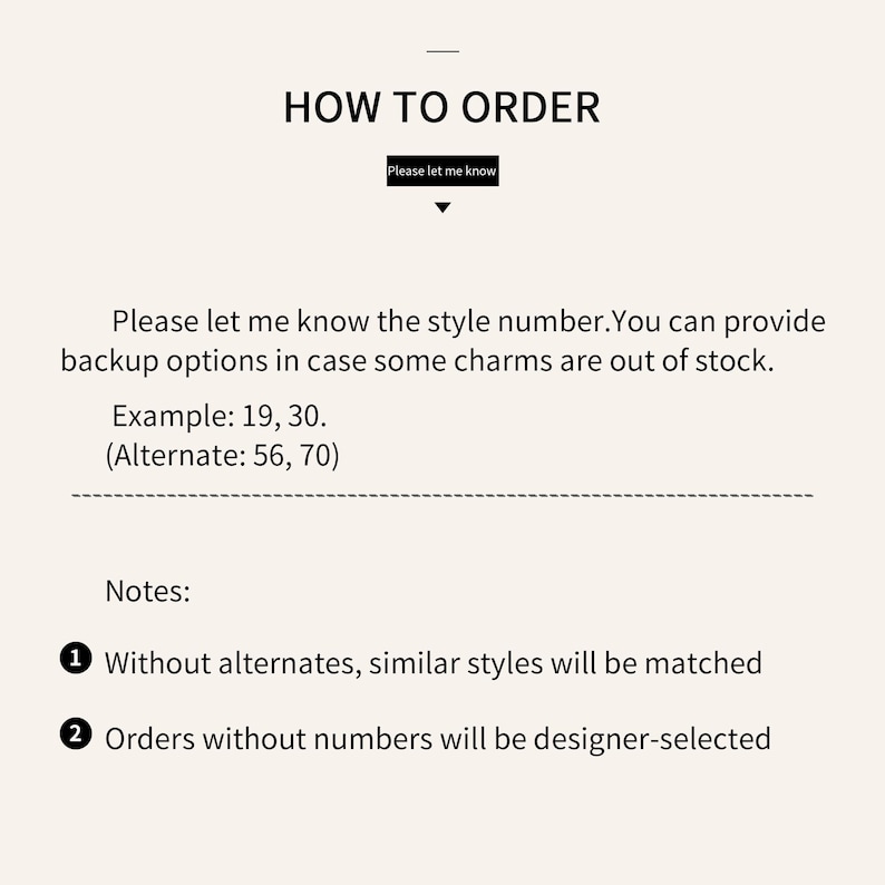 May include: A cream-coloured graphic with the text "HOW TO ORDER" at the top. Instructions include providing style numbers and backup options. Examples are given, along with notes about matching styles and designer selection.