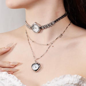 Vintage-Inspired Silver Watch Necklace with Leaf Crystal Choker & Heart Timepiece, Steampunk-Inspired Statement Jewelry for Her, Y2K Choker