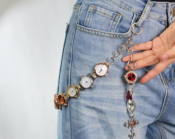 Handmade Steampunk Watch Pants Chain, Vintage Clock Charms & Gothic Cross Details, Retro Jeans Accessory for Punk, Alt Fashion Jewelry