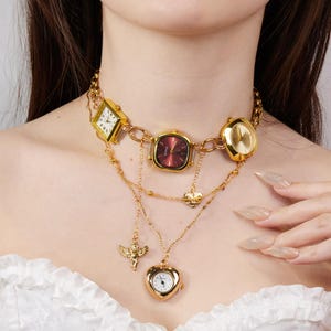 Vintage Gold Watch Choker Necklace, Retro Punk Layered Chain, Punk Clock Dial Necklace with Angel & Heart Charms, Layered Statement Jewelry