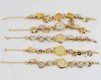 Pulseira de relógio de pulso vintage de ouro, pulseira de relógio personalizada com pedras preciosas de ouro, pulseira de berloques com visual vintage, relógio com berloques florais, presente Y2K