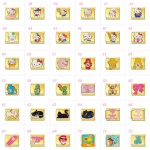 May include: A selection of gold-coloured charms, each with a unique design. The charms feature cartoon characters such as Hello Kitty, Care Bears, and other playful figures. The designs are vibrant and detailed, set against a gold background.