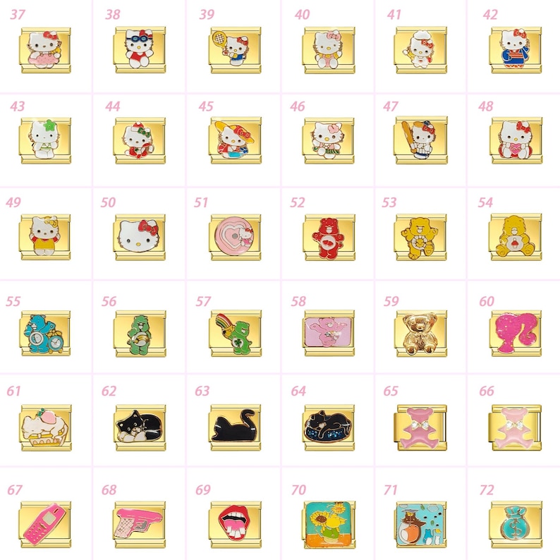 May include: A selection of gold-coloured charms, each with a unique design. The charms feature cartoon characters such as Hello Kitty, Care Bears, and other playful figures. The designs are vibrant and detailed, set against a gold background.