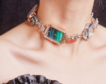 Handmade Y2K Vintage Watch Choker Necklace, Colorful Timepiece Charms with Gemstone Details, Steampunk-Inspired Statement Choker
