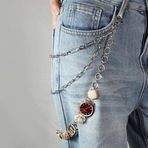 Vintage Steampunk Watch Pants Chain, Triple-layer Punk Belt Chain for Alt Goth Y2K Punk Jeans Aesthetic, Small Dial Charm & Mixed Clock Link