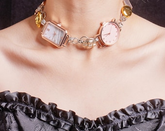 Four-Watch Choker Necklace, Steampunk Timekeeper Collar, Vintage Gemstone Charm Pendant, Adjustable Layered Chain, Unique Statement Jewelry