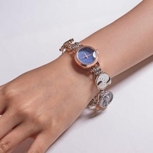 Steampunk Starry Sky Watch Bracelet, Rose Gold Blue Dial, Celestial Moon Rabbit Charms, Fantasy Goth Jewelry, Handmade Alt Accessory