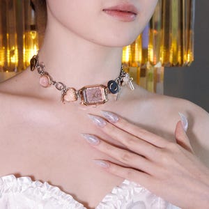 Pink Watch Charm Choker, Retro Romance Necklace, Soft Punk Jewelry, Grunge Statement Jewelry, Punk Rock Necklace, Alt Aesthetic Necklace