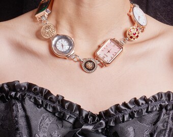 Four-Watch Choker Necklace | Vintage Gemstone Timekeeper | Steampunk Layered Collar | Adjustable Statement Jewelry | Unique Y2K Gift