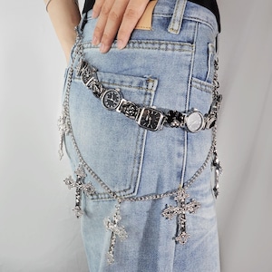 Black & White Vintage Steampunk Gothic Watch Pants Chain, Black Clock Links and Cross Charms, Punk Jean Belt Accessory, Y2K Streetwear