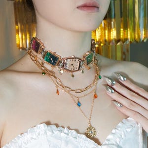 Handmade Punk Watch Choker with Vintage Clocks, Spikes & Gold Chains, Edgy Steampunk Alternative Statement Necklace for Unique Outfits