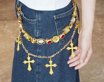 Gold Punk Watch Pants Chain, Vintage Waist Chain Belt with Red Gems & Cross Charms, Edgy Gothic Jewelry for Jeans, Y2K Aesthetic Pants Chain