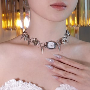 Gothic Punk Watch Choker with Spikes, Steampunk Style Necklace, Handmade Statement Jewelry, Alternative Fashion Choker, Grunge Clock Jewelry