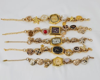 Pulseira de relógio vintage de ouro feita à mão, pulseira personalizada com mostrador pequeno, joias góticas, pulseira de relógio retrô steampunk, joias alternativas Y2K