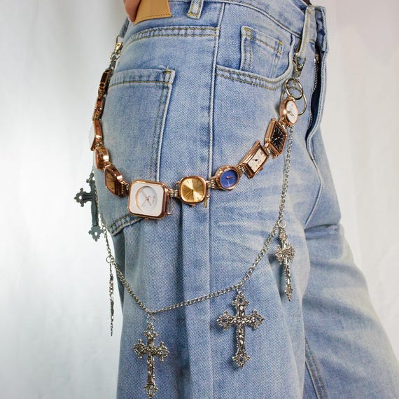 Gothic Watch Chain Belt With Silver Crosses, Steampunk Pants  display picture 1