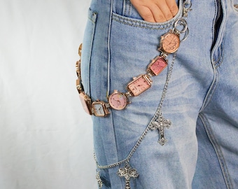 Steampunk Pink Watch Pants Chain, Vintage Clock Charms with Gothic Cross Dangles, Retro Alt Accessory for Jeans, Steampunk Watch Pants