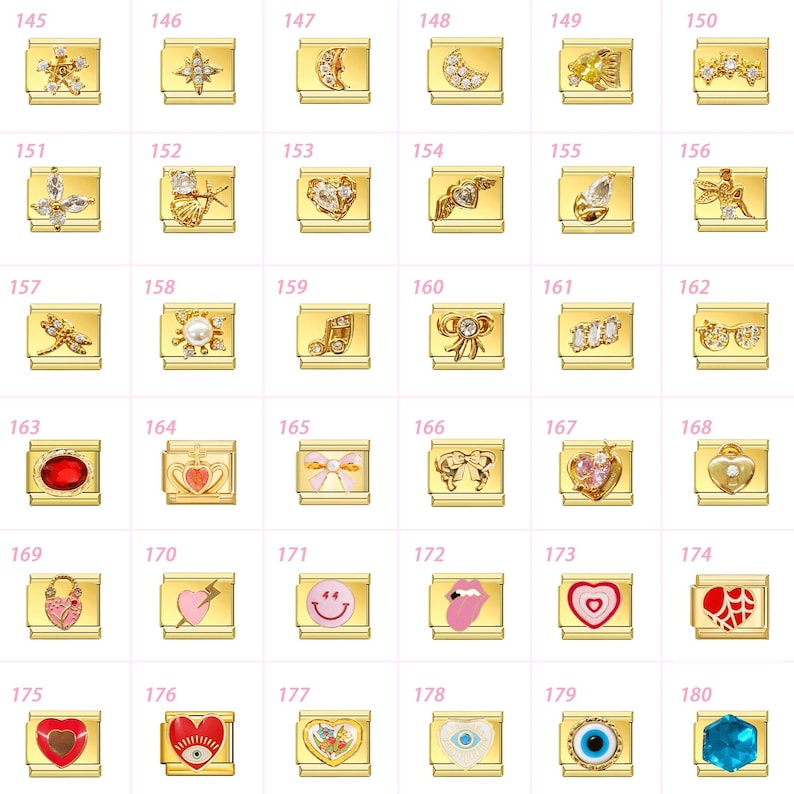 May include: A selection of gold-coloured charm pendants with diverse designs. The charms feature motifs such as stars, hearts, bows, and celestial bodies. Some charms are embellished with gemstones and crystals, offering a variety of styles.