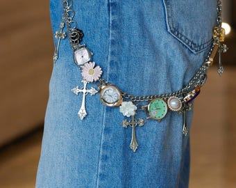 Dual Layer Kreuz Uhr Kette, Gothic Punk Gürtel Accessoire, Edelstahl Geldbörse Kette, Kantige Modeschmuck Geschenk, Kantige Unisex Mode