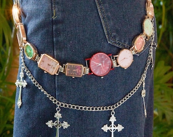 Statement Uhr Hosen Kette, Bunte Punk Kette Gürtel mit Kreuz Anhängern für Grunge, Goth Looks, Handmade Grunge Streetwear Accessoire