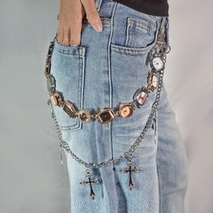 Alt Steampunk Watch Pants Chain, Multi Clock Pocket Chain with Cross Charms, Gothic Jean Accessory for Men & Women, Y2K Streetwear